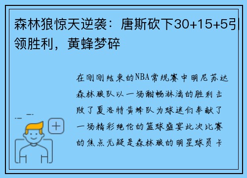 森林狼惊天逆袭：唐斯砍下30+15+5引领胜利，黄蜂梦碎